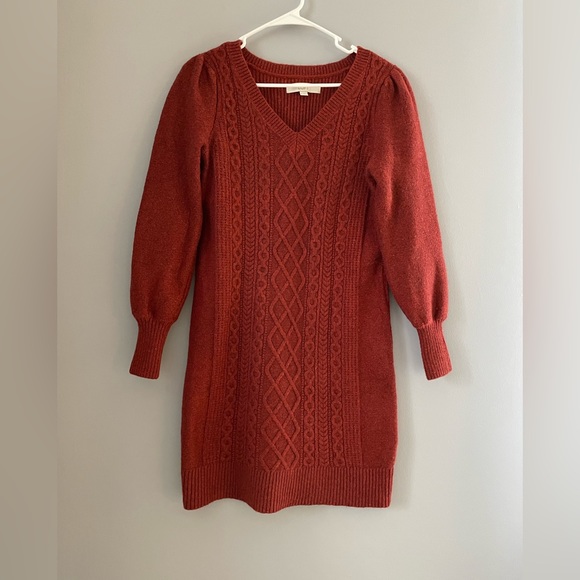 LOFT Puff-Sleeve Cable-Knit Sweater Dress in rust red - XS - Picture 2 of 4
